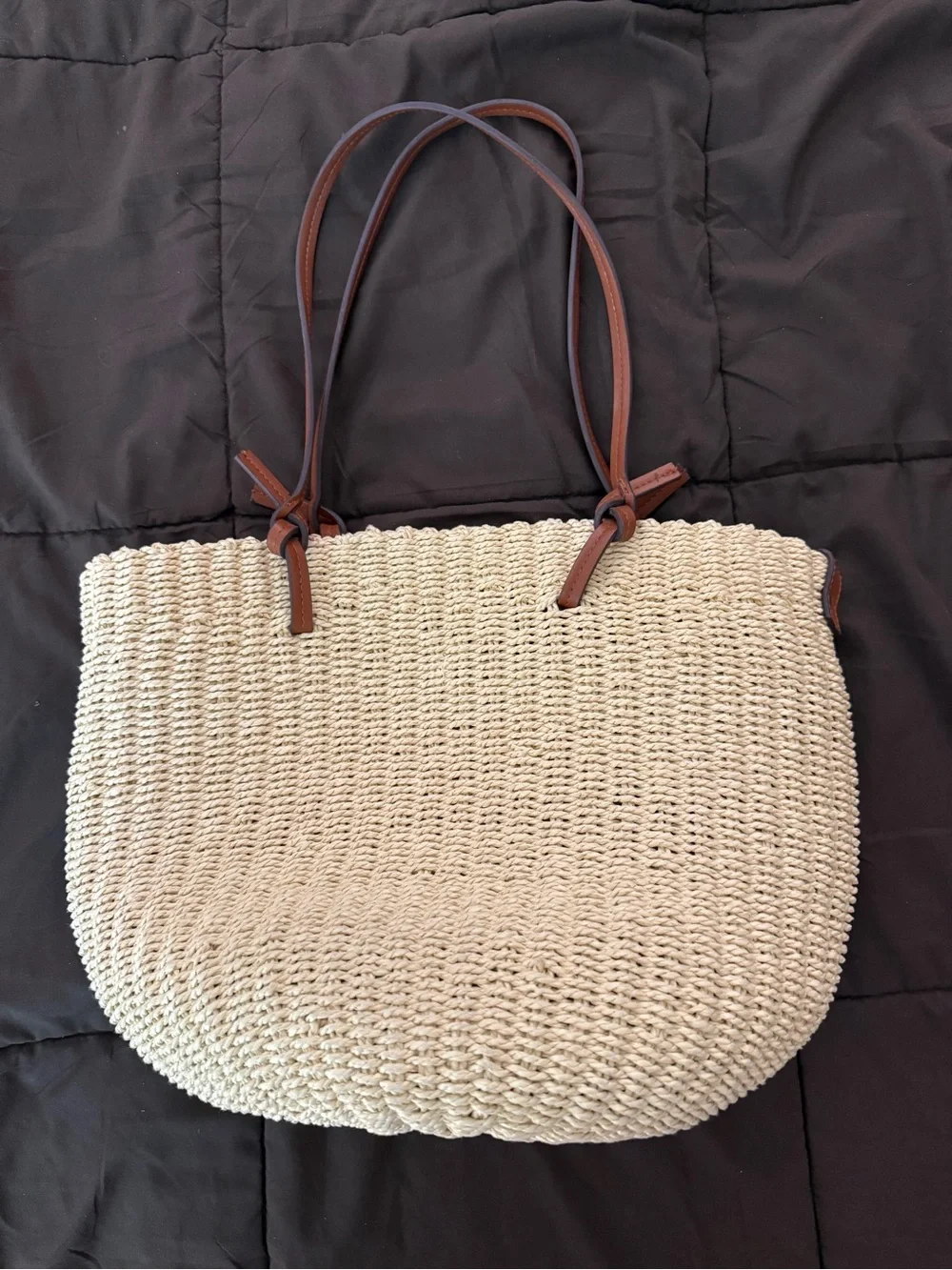 Mango Woven Straw Raffia Tote Bag Cream Leather Handles Summer Beach Bag - Picture 2 of 5